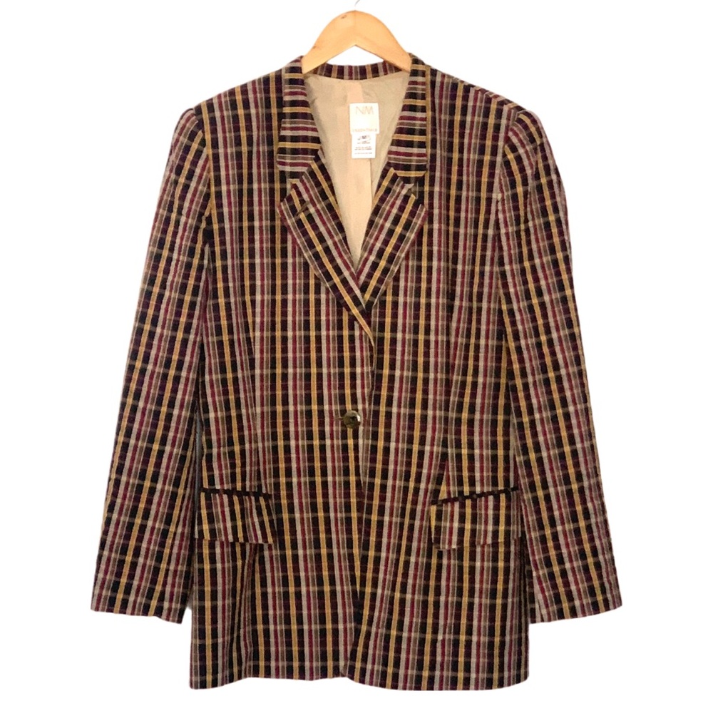 Vintage Neiman Marcus Essentials Blazer Jacket Multi Color Plaid Cotton Size 12
